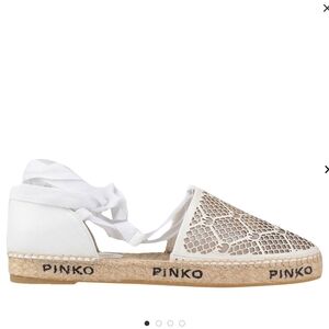 Pinko White Lace Espadrille with Jute Logo Sole and Ankle Ribbon